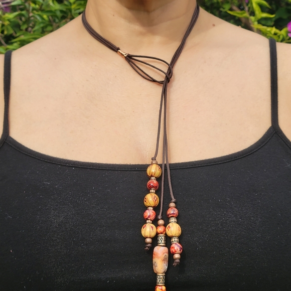 Carnelian & Painted Wood 3 Strand Y Necklace Clasp-Free Handmade Sacral Chakra - Picture 15 of 16